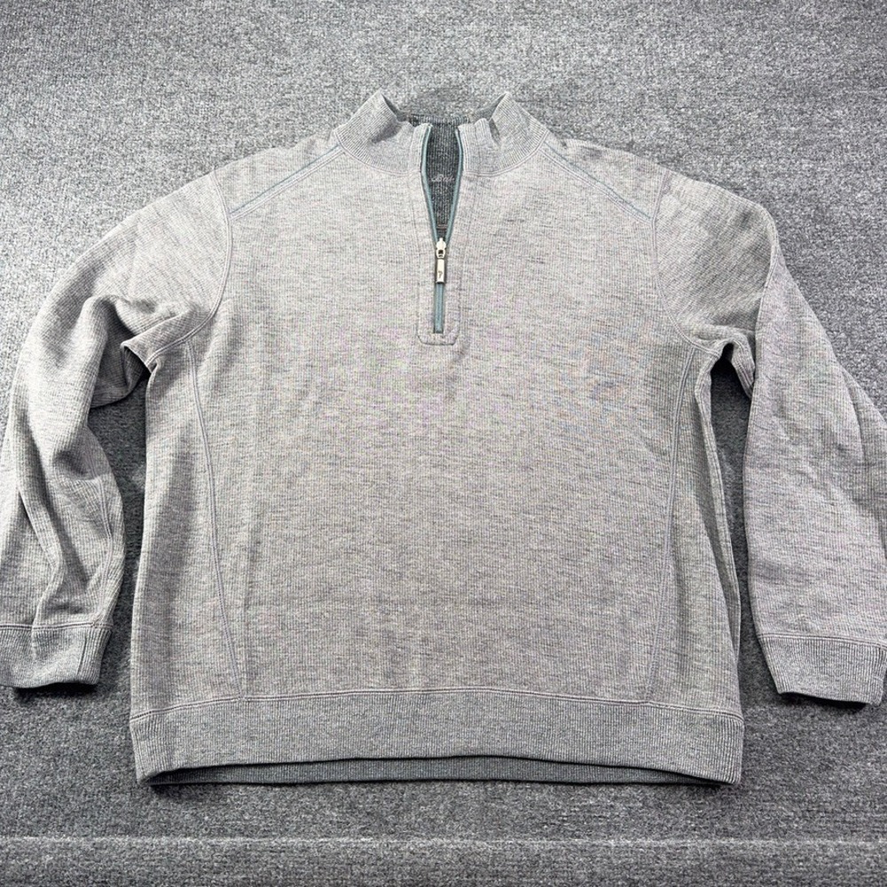 Tommy Bahama Mens Quarter Zip Pullover Sweater Gray Ribbed Knit Reversable L?